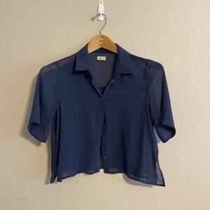 Blue Short-Sleeved Sheer Crop Top